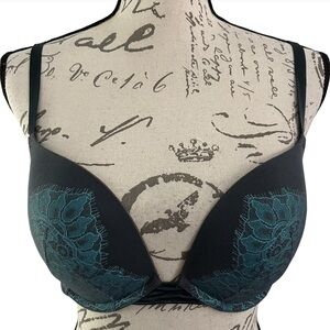 Victoria’s Secret Elegant Black and Teal Push-Up Bra with Lace Trim 32DD
